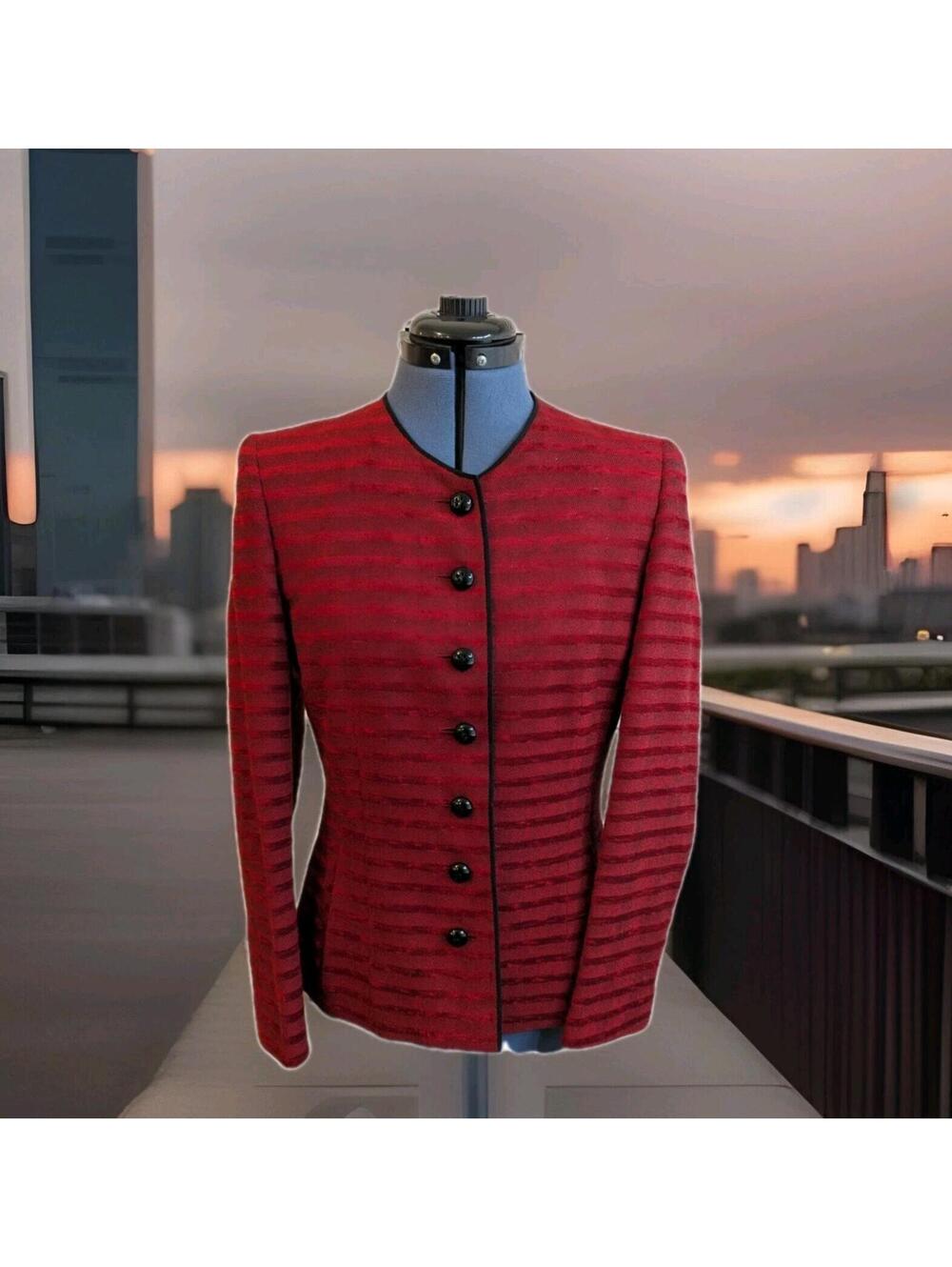 Akris Stripe Blazer Womens Sz 8 Red Stripe Black Button Long Sleeve Designer